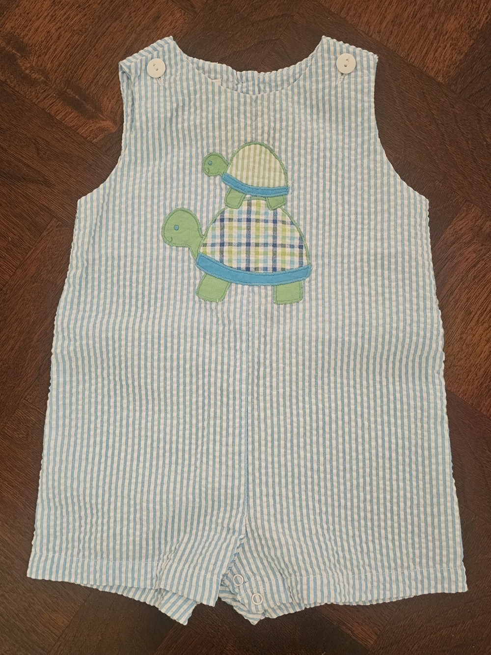 Boutique Petit Ami Boys Blue Seersucker Romper Shortall Jon Jon Turtle Sz 3M